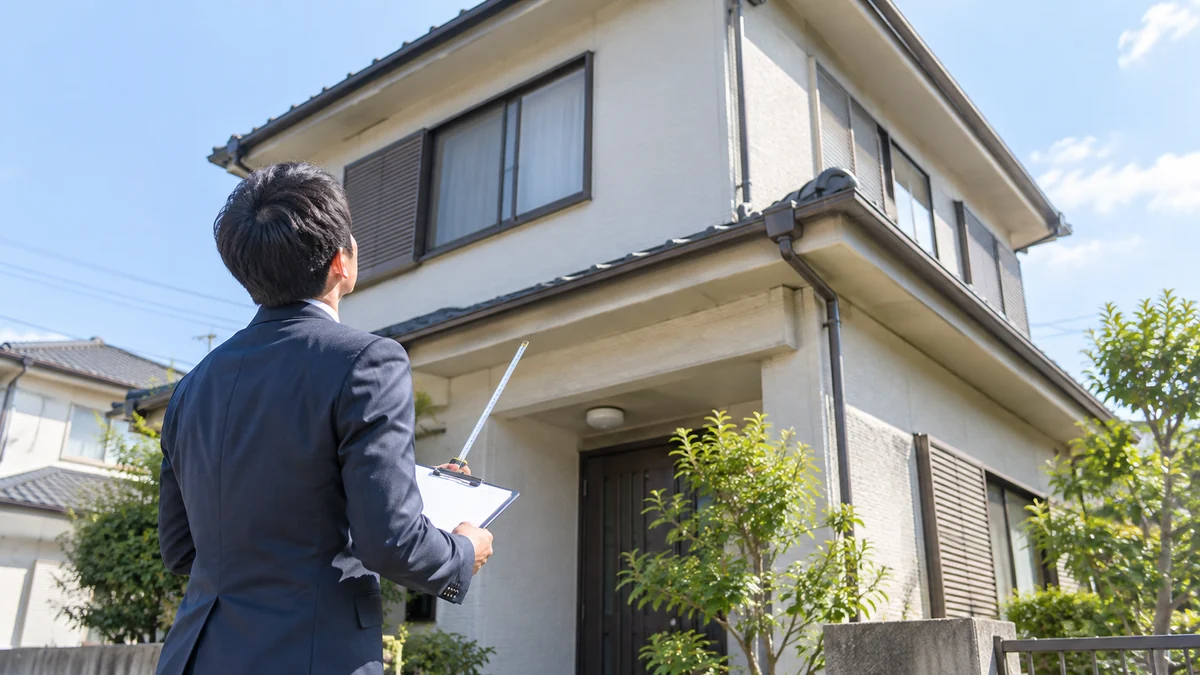戸建ての外壁や状態を現地で確認しているイメージ