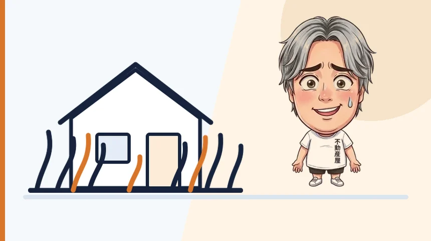 草が伸びた空き家の前で困っているリノーズのキャラクター